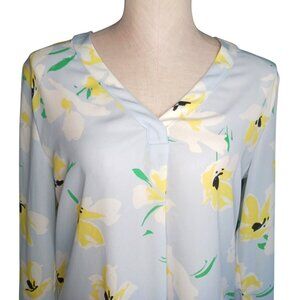 Ann Taylor Petite Small PS Floral Print Light Blue Yellow Top Blouse Floral
